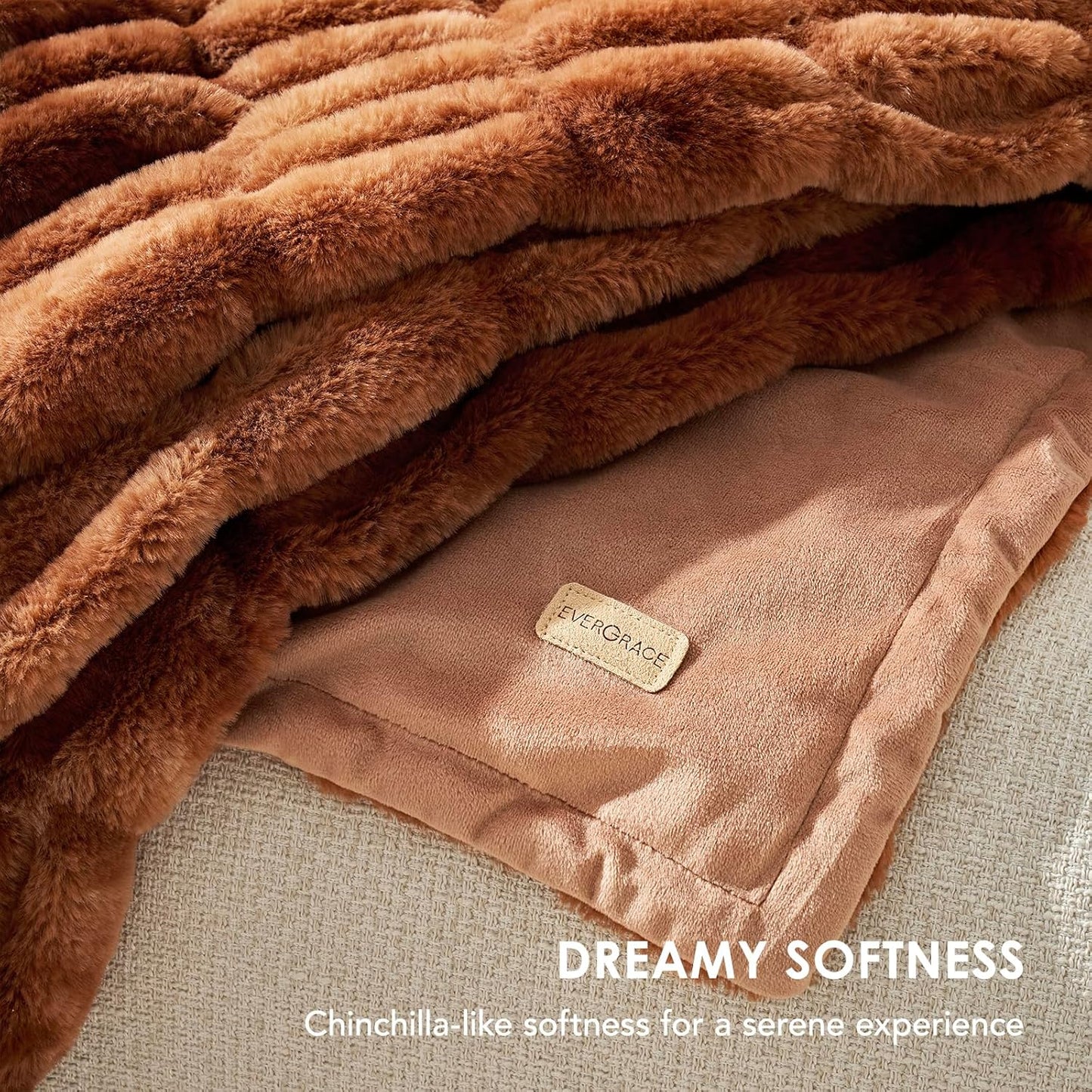 EVERGRACE Luxurious Soft Faux Rabbit Fur Throw Blanket, Cozy Fuzzy Plush Warm Throws for Couch Bed Sofa Chair Home Decor, Ruched Bubble Fluffy Blanket with Reversible Velvet, 50" x 60", Clay