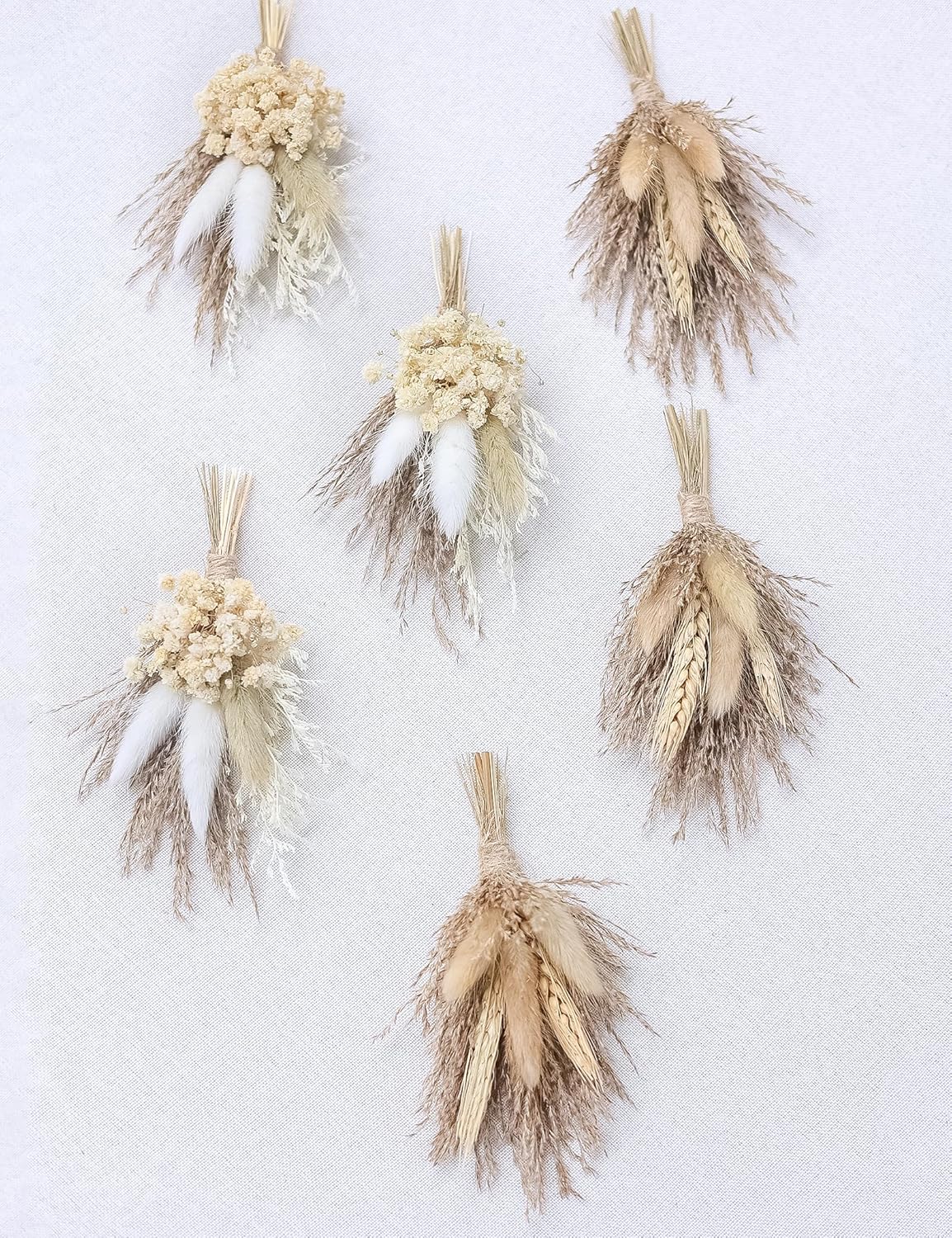 Mini Dried Flower Bouquet (Pack of 6), Dried Flower Bouquet for Boho Wedding Plate Decorations, Dried Pampas Grass, Groom and Best Man Boutonnieres, Dried Cake Flowers.(Grey)
