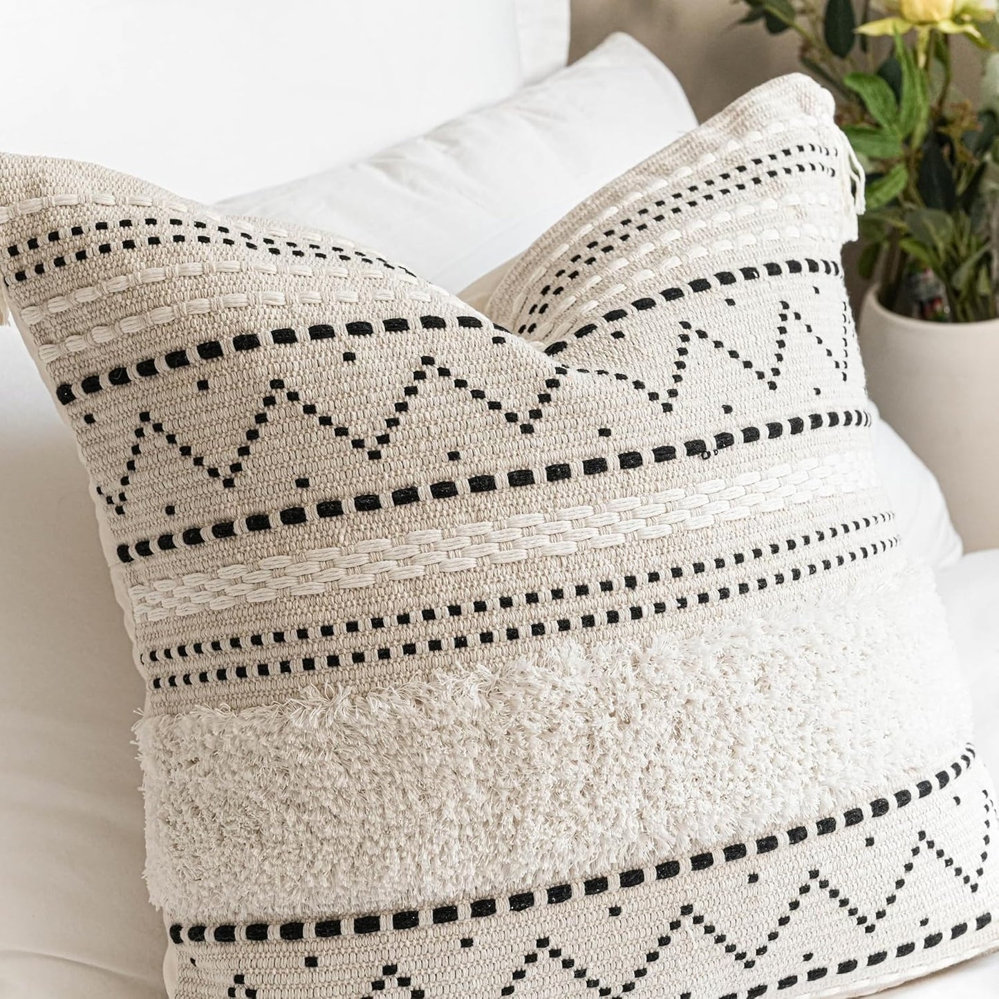 BlissBlush Decorative Throw Pillow Cover 20x20 Square Boho Black Neutral White Accent Pillowcase Tassels Farmhouse Cushion for Couch Sofa Bedroom Living Room Home Décor (Cover ONLY, Pack of 1)