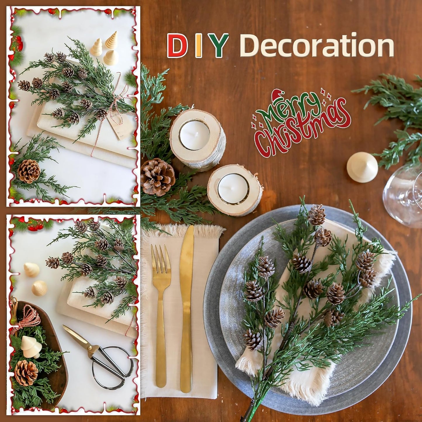 Faux Cedar Stems Artificial Norfolk Pine Branches for Christmas Decor, 12 PCS Fake Pine Stems with 2 PCS Pine Cones Branches Real Touch Realistic Faux Greenery for Vases DIY Garland Xmas Table Indoor