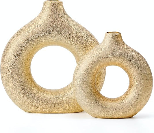 Set of 2 Donut Hollow Ceramic Vase Handmade Minimalist Boho ins Style, Modern Vase for Home Decor for Wedding Dinner Table Party Living Room Office Bedroom (Gold, Large + Small)