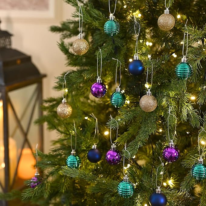 Valery Madelyn 1.57 Inches Small Christmas Tree Decorations Ornament Set for Fall Halloween, 24ct Peacock Purple Blue Shatterproof Hanging Ball Ornaments Holiday Party Decor