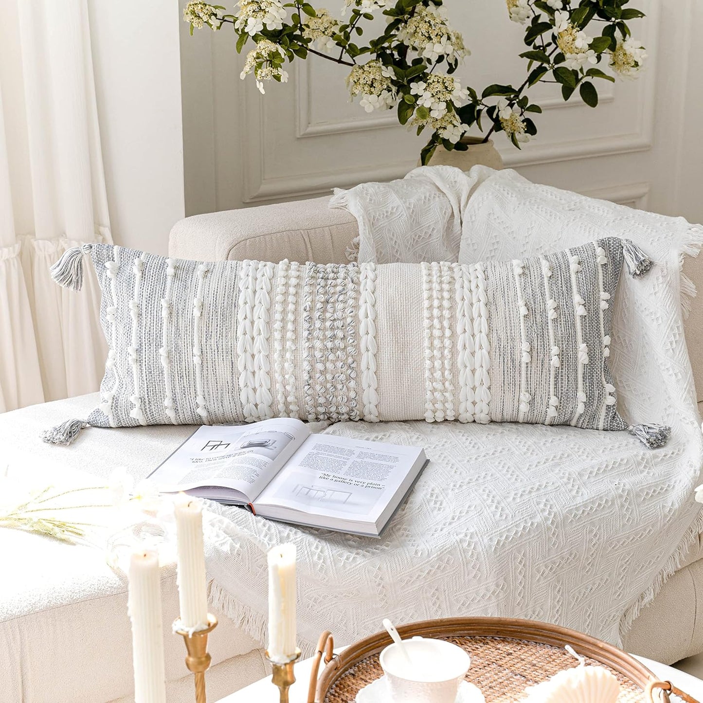 BlissBlush Gray Decorative Lumbar Pillow Cover 14x36, Boho Long Throw Pillow for Bed, Accent Lumbar Throw Pillow Case, Modern Farmhouse Textured Lumbar Cushion (Cover ONLY)