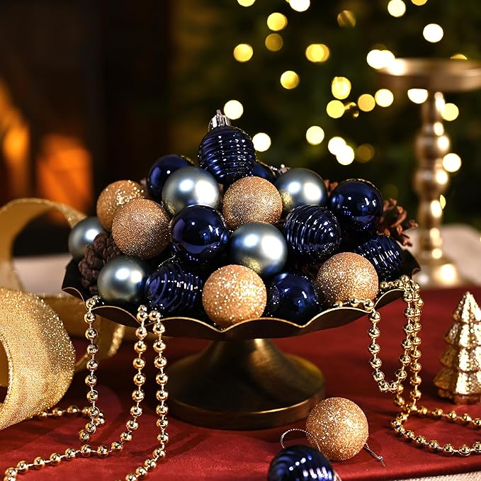 Valery Madelyn 1.57 Inches Small Christmas Tree Decorations Ornament Set for Fall Halloween, 24ct Blue and Gold Shatterproof Hanging Ball Ornaments Holiday Party Decor