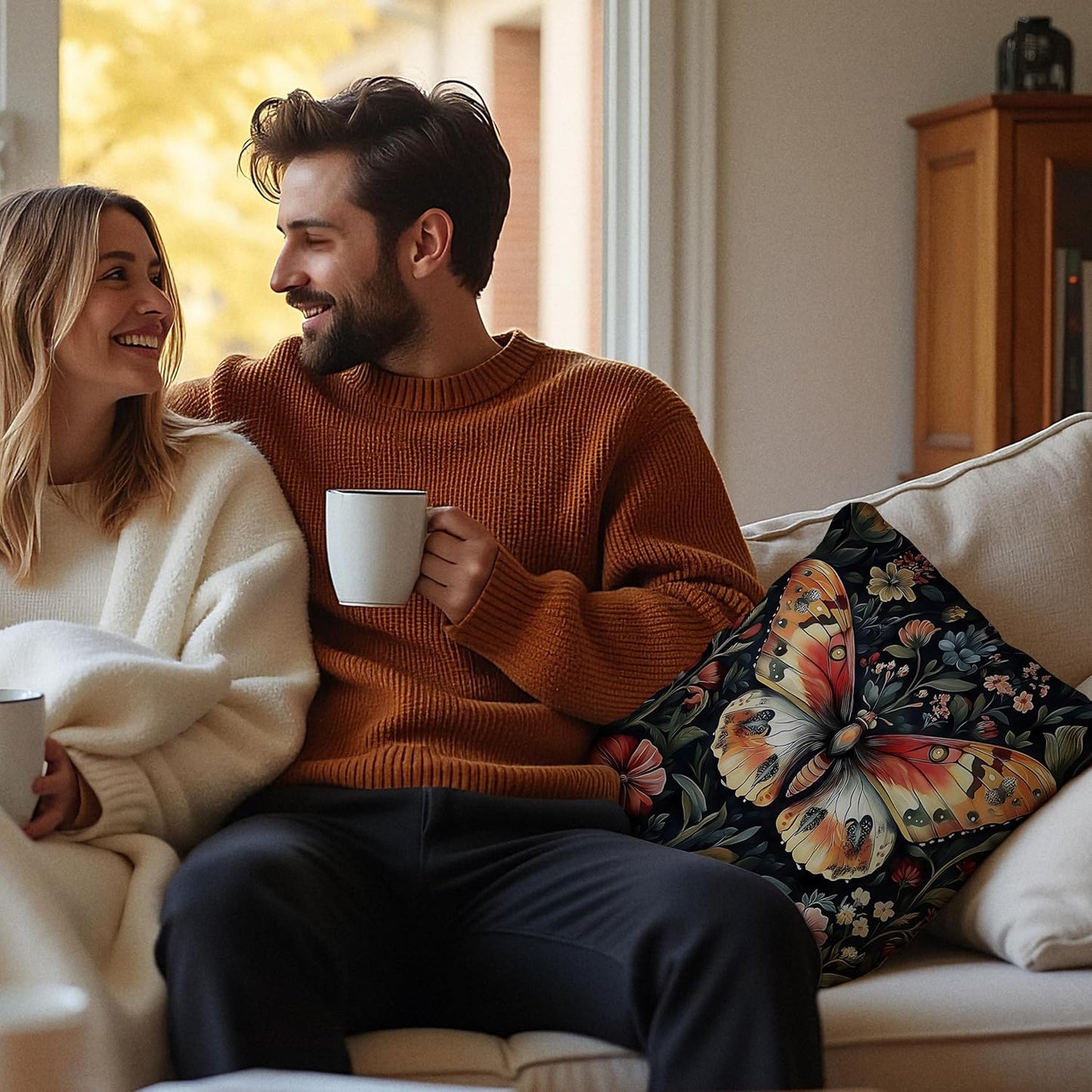 Colorful Floral Butterfly Pillow Covers 18x18, Retro Dark Cottagecore Wildflower Botanical Moth Decorative Throw Pillow Covers for Bedroom Living Room Home, Butterfly Room Decor