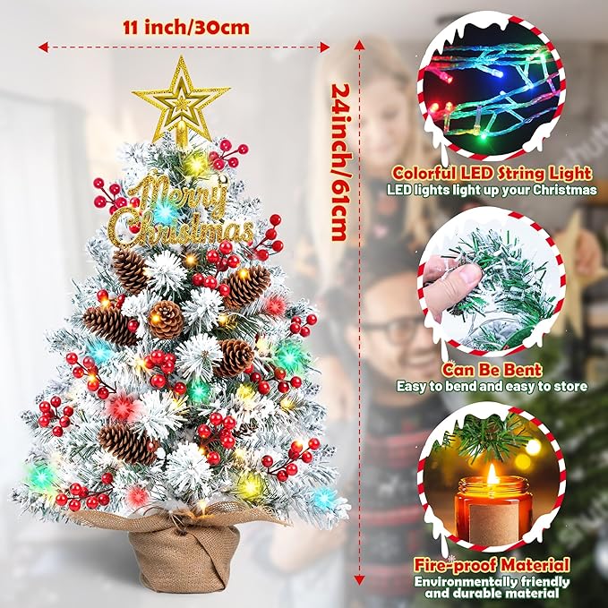 24 Inch Tabletop Christmas Tree with Colorful LED Lights, Snow Flocked Mini Xmas Tree with Ornaments, Pinecones, Berries, Burlap Pot Base, Battery Powered for Holiday Decor Office, Indoor Display