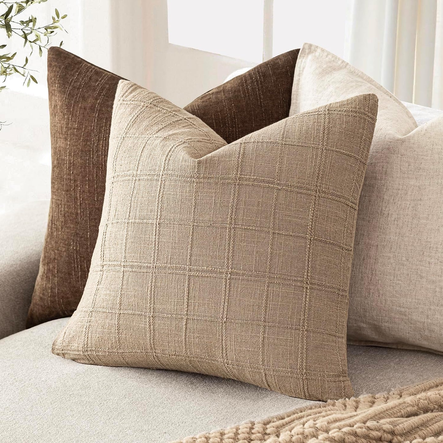 Foindtower Set of 2 Decorative Linen Check Throw Pillow Covers Neutral Farmhouse Vintage Cushion Covers Modern Coastal Boho Home Decor for Sofa Chair Couch Bedroom Living Room,16×16 Inch,Camel