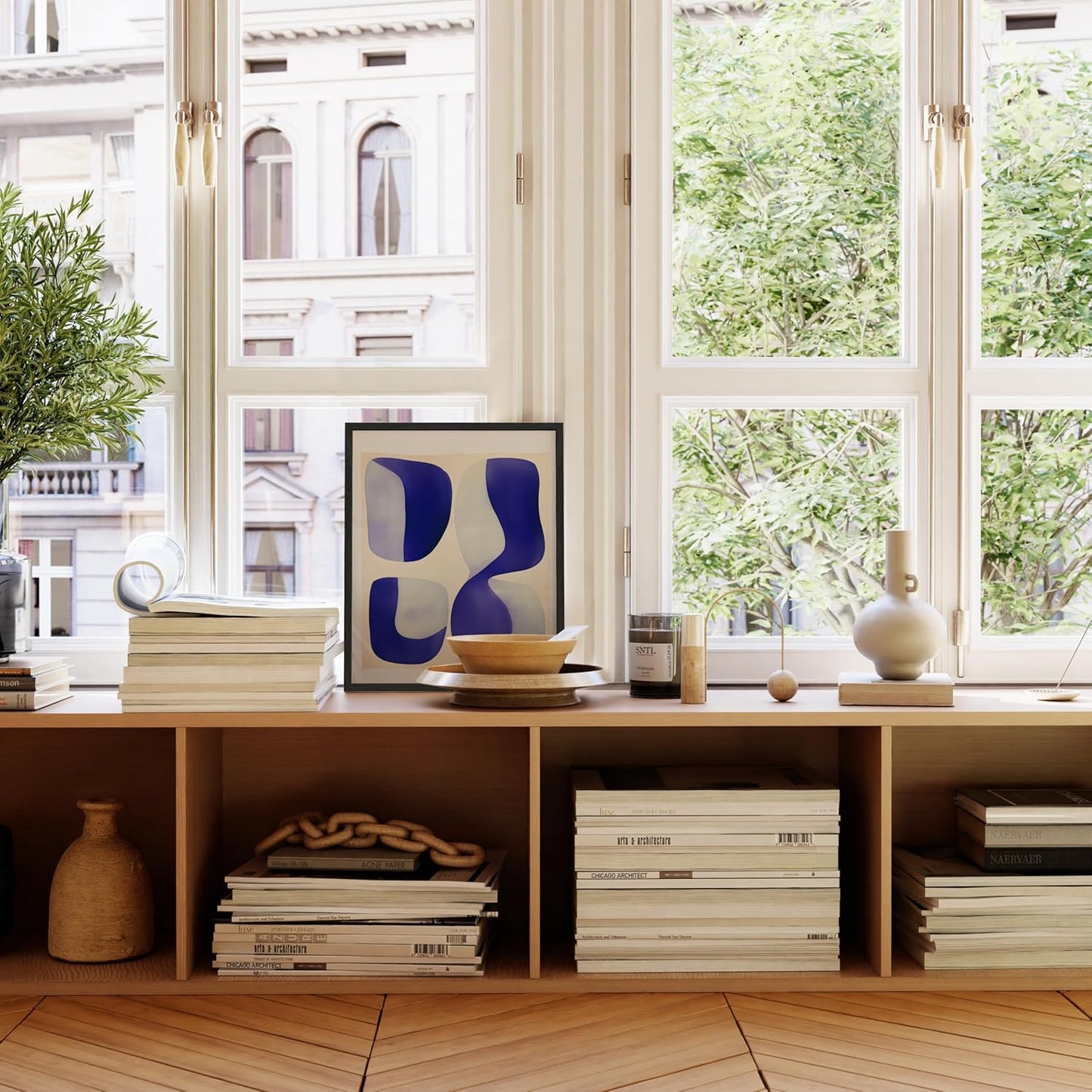 HAUS AND HUES Modern Abstract Wall Art - Blue and Green Living Room Art, Modern Artwork for Walls, Minimalist Picture for Living Room(Blue Tribal Shapes 2, Unframed, 16x20)