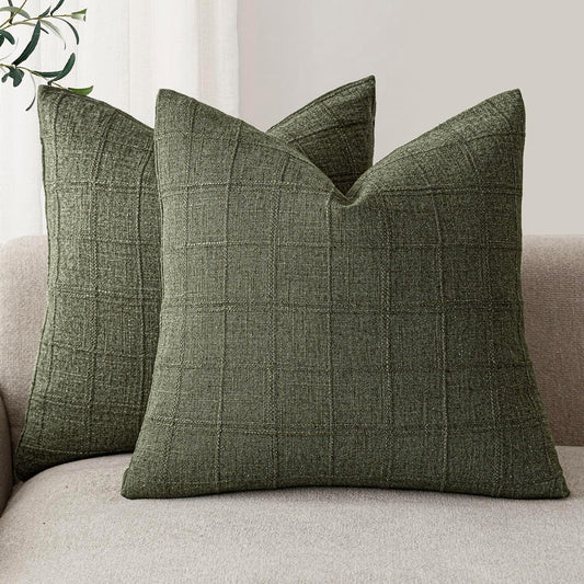 Foindtower Set of 2 Decorative Linen Check Throw Pillow Covers Neutral Farmhouse Vintage Cushion Covers Modern Boho Home Decor for Sofa Chair Couch Bedroom Living Room,22×22 Inch,Olive Green
