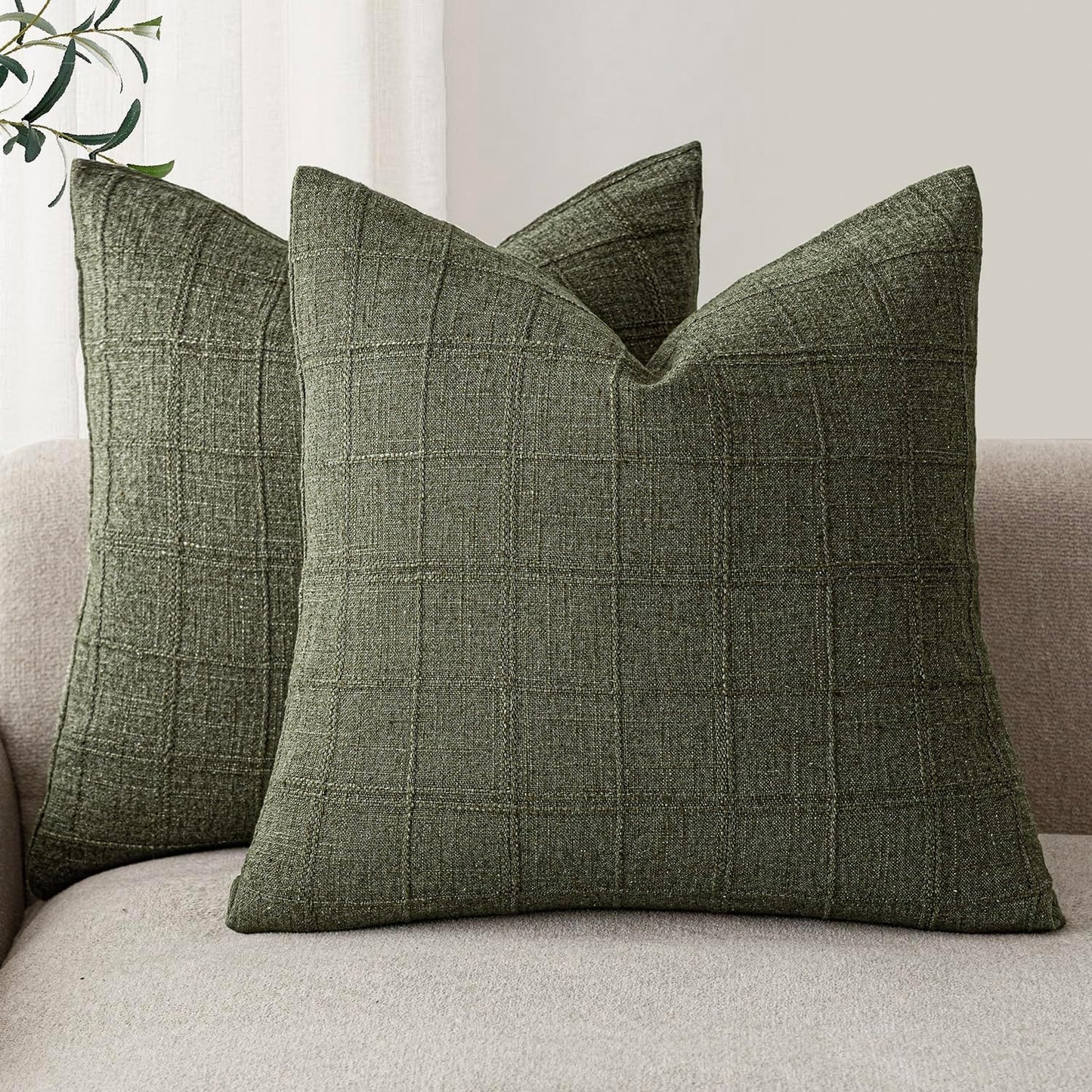Foindtower Set of 2 Decorative Linen Check Throw Pillow Covers Neutral Farmhouse Vintage Cushion Covers Modern Boho Home Decor for Sofa Chair Couch Bedroom Living Room,18×18 Inch,Olive Green