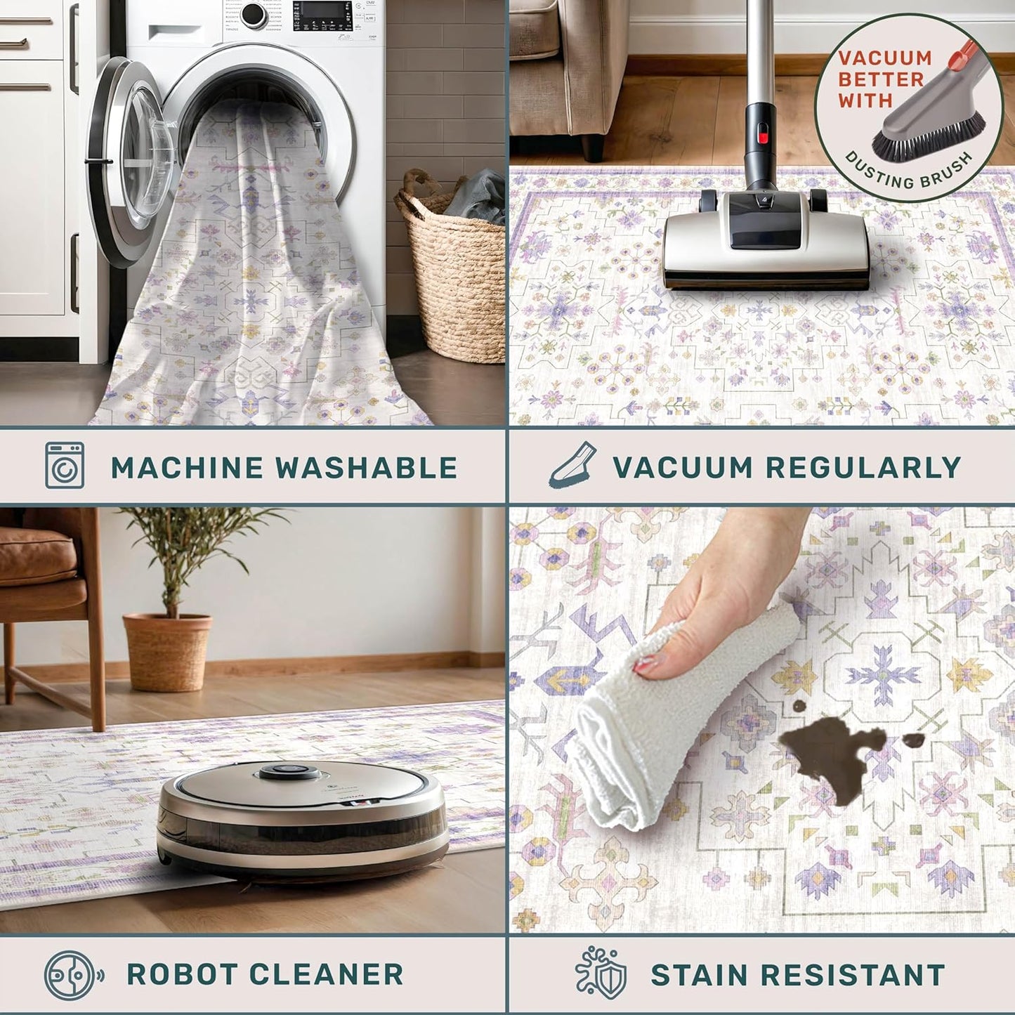 Light Purple Rug for Girls Bedroom, 5x8 Washable Floral Area Rug for Nursery Kids Room, Living Room, Lavender Dorm Decor, Non Slip Low Pile Pastel Foldable Carpet