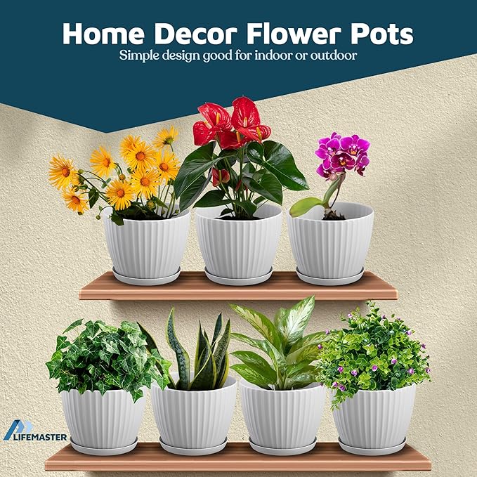 White 6-Inch Plant Pots with Drainage & Saucers 6 Pack, Indoor & Outdoor Planters for Houseplants, Herbs, and Flowers, Durable & Weatherproof Material, Stackable, Lightweight, Minimalist Design