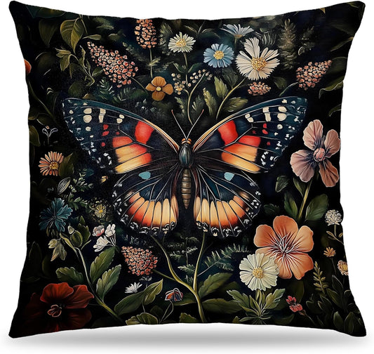 Gorgeous Butterfly Floral Pillow Covers 18x18, Dark Cottagecore Wildflower Botanical Moth Decorative Throw Pillow Covers for Bedroom Living Room Home, Butterfly Room Decor