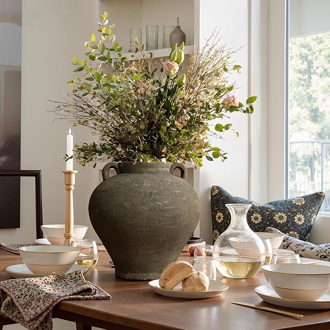 LuxenHome Rustic Large Flower Vase,14'' Tall Brown Terracotta Cauldron Vase,Farmhouse Decorative Vases for Dining Table Decor,Vintage Pottery Ceraimc Vase Living Room Office Home Decor