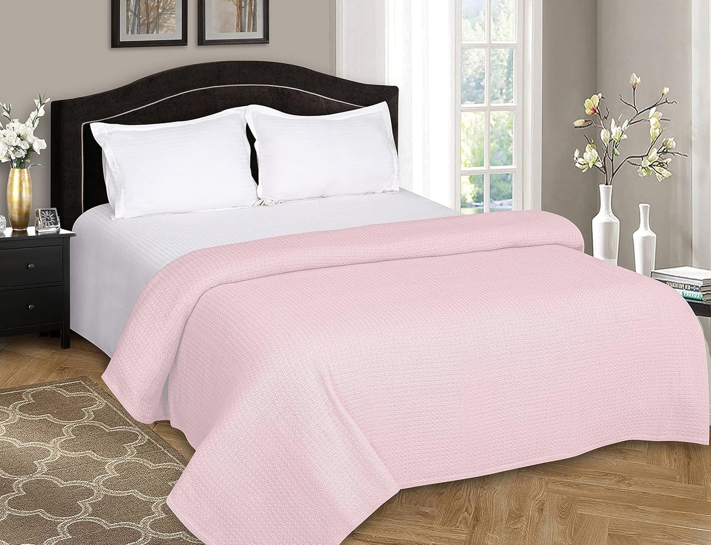 BELIZZI HOME 100% Cotton Bed Blanket, Breathable Bed Blanket Full Queen Size, Cotton Thermal Blankets Full Queen, Perfect for Layering Any Bed for All Season, Baby Pink
