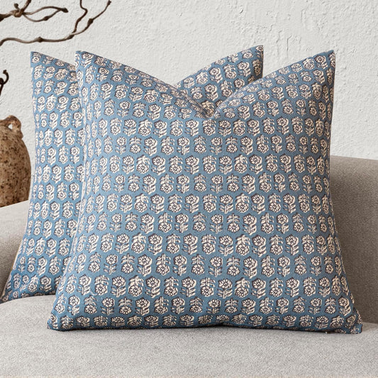 Foindtower Set of 2 Decorative Neutral Floral Print Throw Pillow Covers Vintage Accent Farmhouse Cushion Covers Boho Home Decor for Sofa Couch Chair Bedroom Living Room,24×24 Inch,Dusty Blue