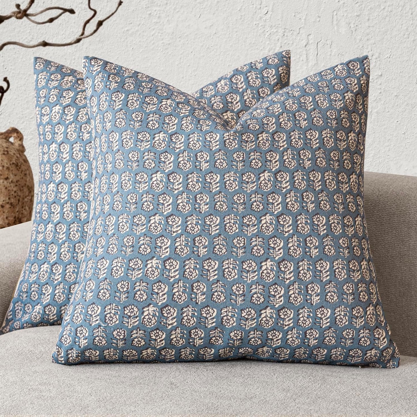 Foindtower Set of 2 Decorative Neutral Floral Print Throw Pillow Covers Vintage Accent Farmhouse Cushion Covers Boho Home Decor for Sofa Couch Chair Bedroom Living Room,22×22 Inch,Dusty Blue