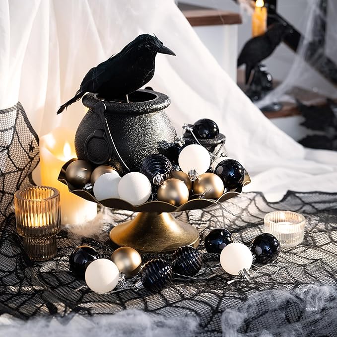 Valery Madelyn 1.57 Inches Small Christmas Tree Decorations Ornament Set for Fall Halloween, 24ct Black White Gold Shatterproof Hanging Ball Ornaments Holiday Party Decor