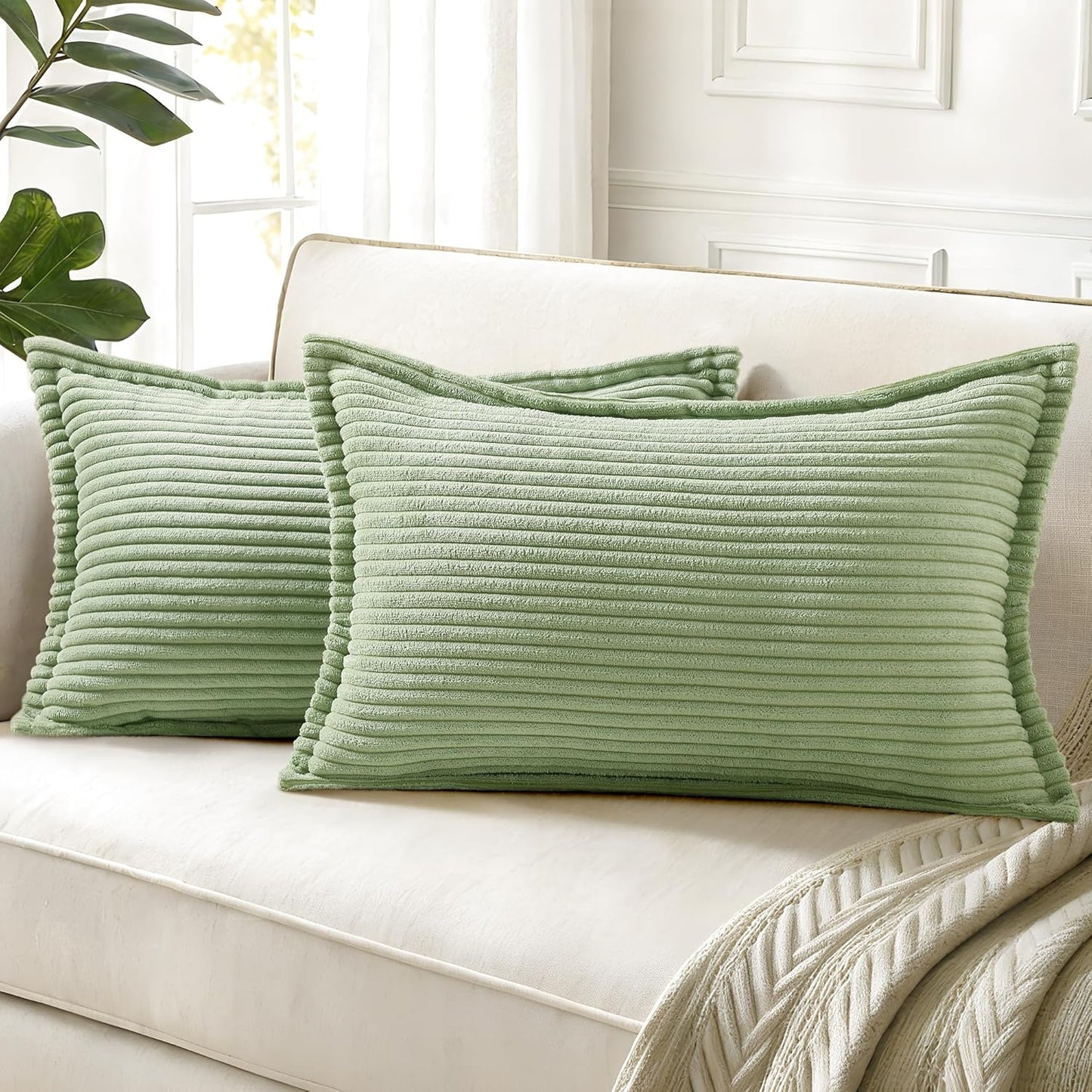 decorUhome Corduroy Sage Green Throw Pillow Covers 12x20 Set of 2 Decorative Soft Boho Farmhouse Lumbar Euro Couch Pillow Covers for Living Room Bed Sofa Broadside Striped Pillow Cases