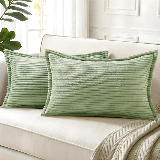 decorUhome Corduroy Sage Green Throw Pillow Covers 12x20 Set of 2 Decorative Soft Boho Farmhouse Lumbar Euro Couch Pillow Covers for Living Room Bed Sofa Broadside Striped Pillow Cases