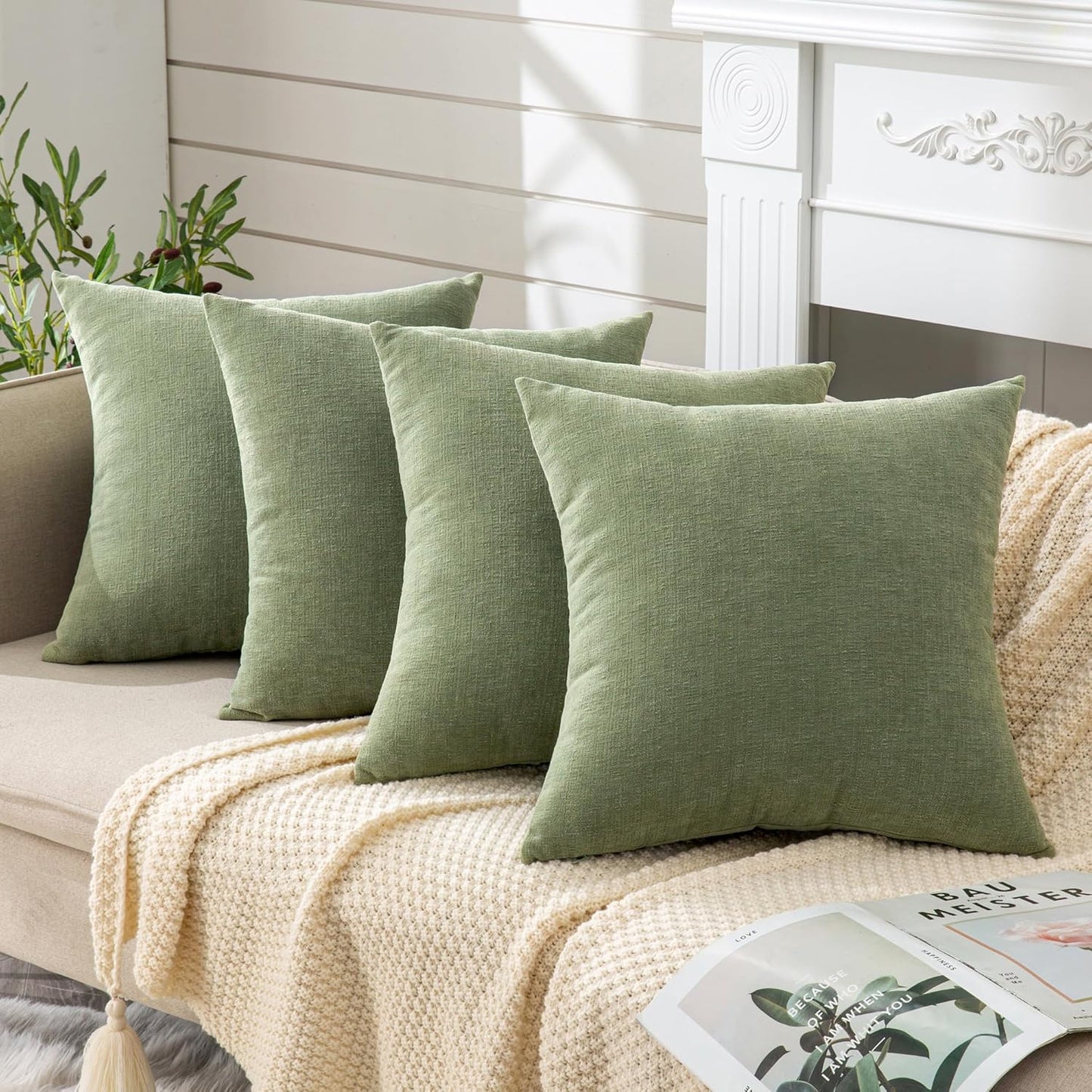 GAWAMAY Decorative Square Throw Pillow Covers 18"x18" Inch Set of 4, Super Soft Chenille Pillows Farmhouse Fall Pillowcase for Living Room Bedroom Sofa Couch Cushion Cover Sage Green 45x45cm