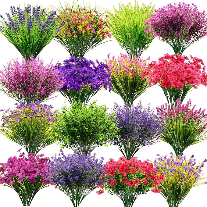 Zeyune 64 Bundles Faux Flowers Outdoors UV Resistant Artificial Plastic Flowers Plants Fake Realistic Eucalyptus Violet Lavender Plant Wildflower Bulk for Outside Yard Home Patio Garden Decor(Bright)
