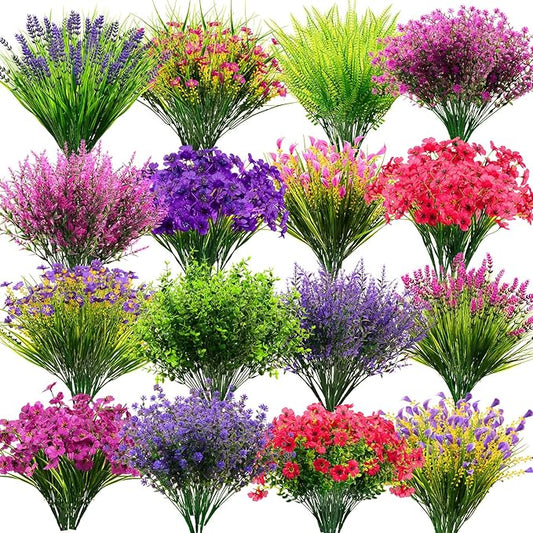 Zeyune 64 Bundles Faux Flowers Outdoors UV Resistant Artificial Plastic Flowers Plants Fake Realistic Eucalyptus Violet Lavender Plant Wildflower Bulk for Outside Yard Home Patio Garden Decor(Bright)