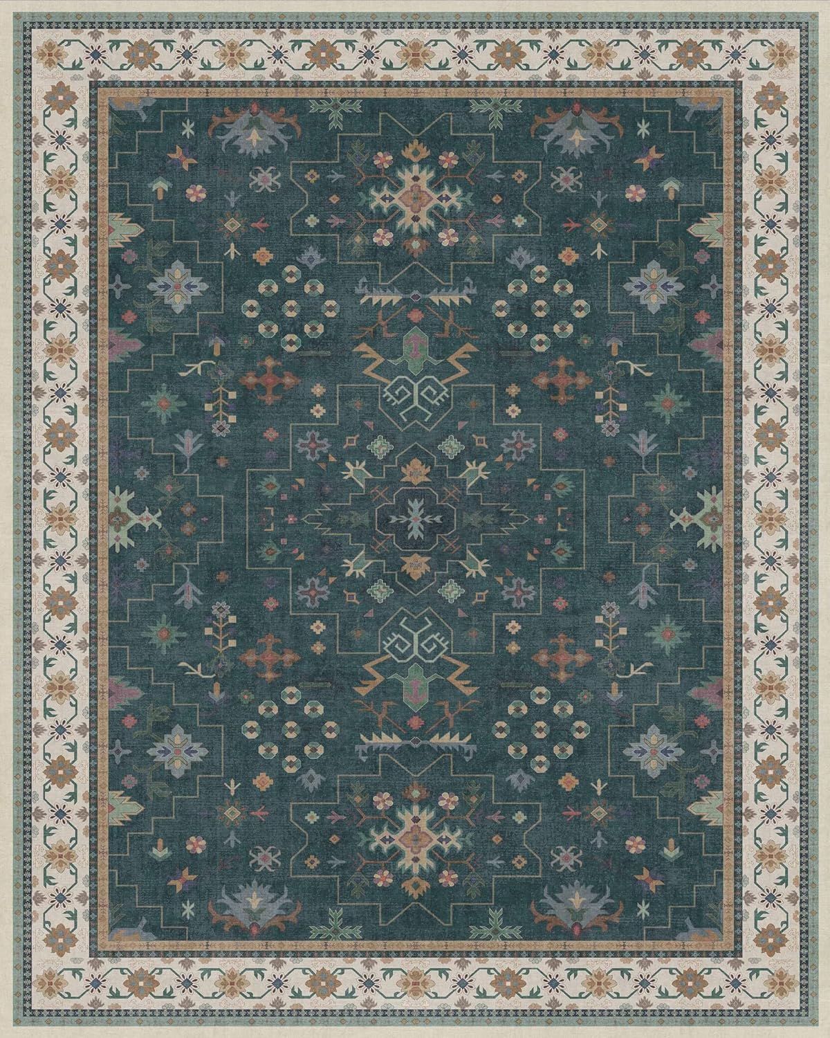 Dark Green Vintage 8x10 Washable Rugs for Living Room - Dark Academia Victorian Floral Geometric Bedroom Rug, Ultra Soft Thin Low Pile Non-Slip Large Rugs for Dining Room Under Table Lounge