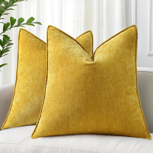 decorUhome Couch Throw Pillow Covers 16x16 Set of 2, Decorative Soft Euro Neutral Chenille Pillow Covers with Elegant Design for Sofa Bed Living Room Home Decor, Mineral Yellow