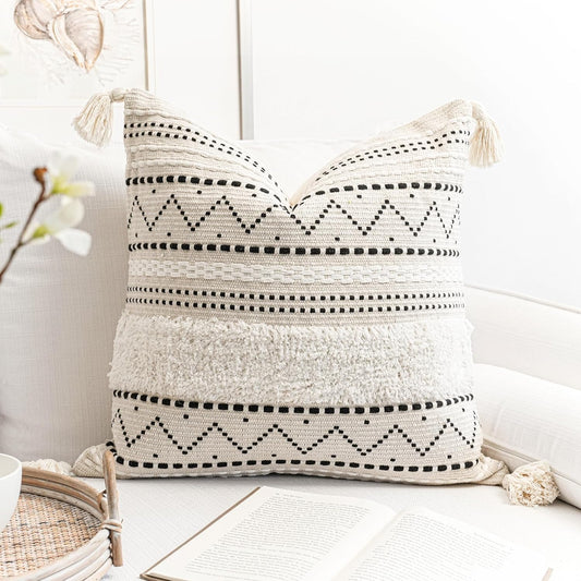 BlissBlush Decorative Throw Pillow Cover 18X18 Square Boho Black Neutral White Accent Pillowcase Tassels Farmhouse Cushion for Couch Sofa Bedroom Living Room Home Décor (Cover ONLY, Pack of 1)