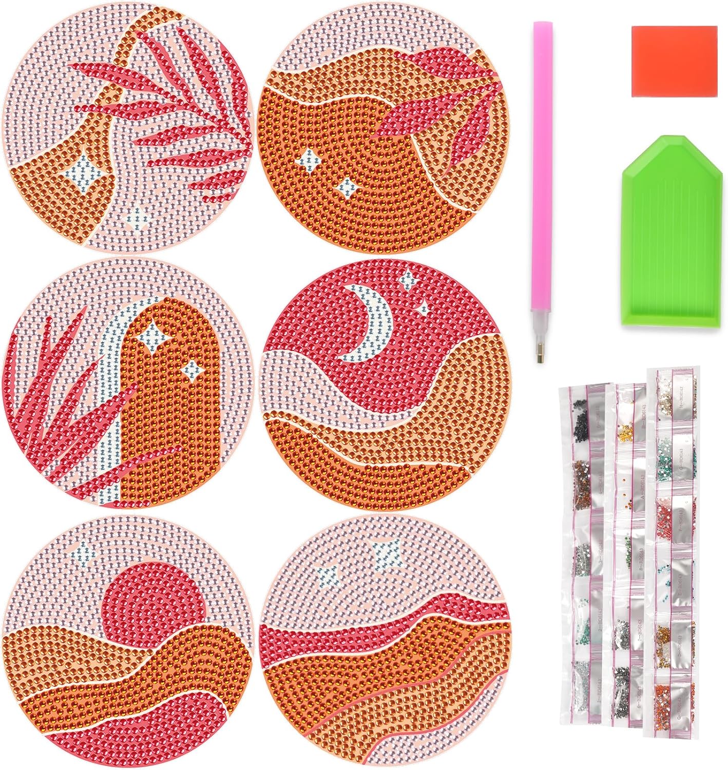 Generic 6 Pcs Pink Boho Diamond Art Coasters, DIY Coaster Kit for Adults