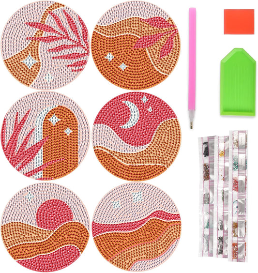 Generic 6 Pcs Pink Boho Diamond Art Coasters, DIY Coaster Kit for Adults