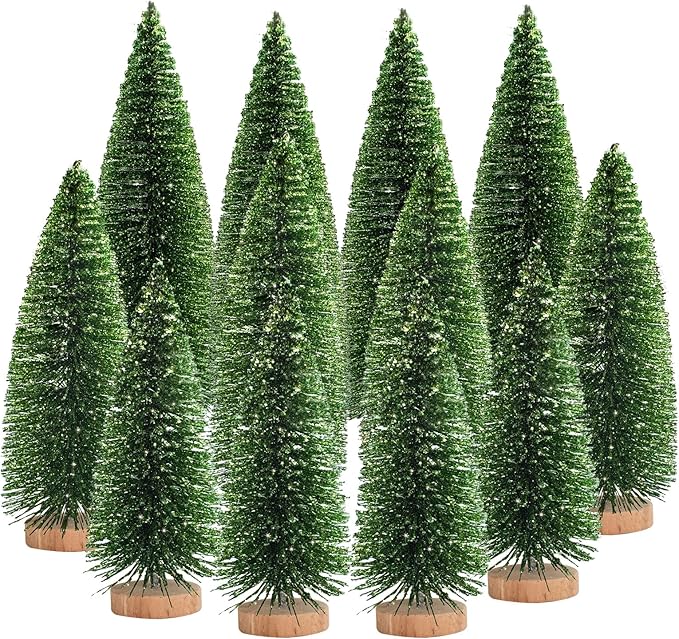 12 Pcs Mini Christmas Tree, Tabletop Christmas Tree with Wooden Bases Artificial Mini Tree with 3 Sizes Christmas Table Decor Bottle Brush Trees for Christmas Decorations (Green Glitter)