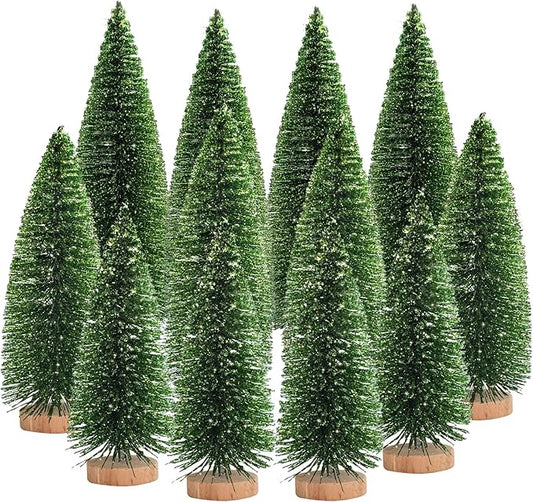 12 Pcs Mini Christmas Tree, Tabletop Christmas Tree with Wooden Bases Artificial Mini Tree with 3 Sizes Christmas Table Decor Bottle Brush Trees for Christmas Decorations (Green Glitter)