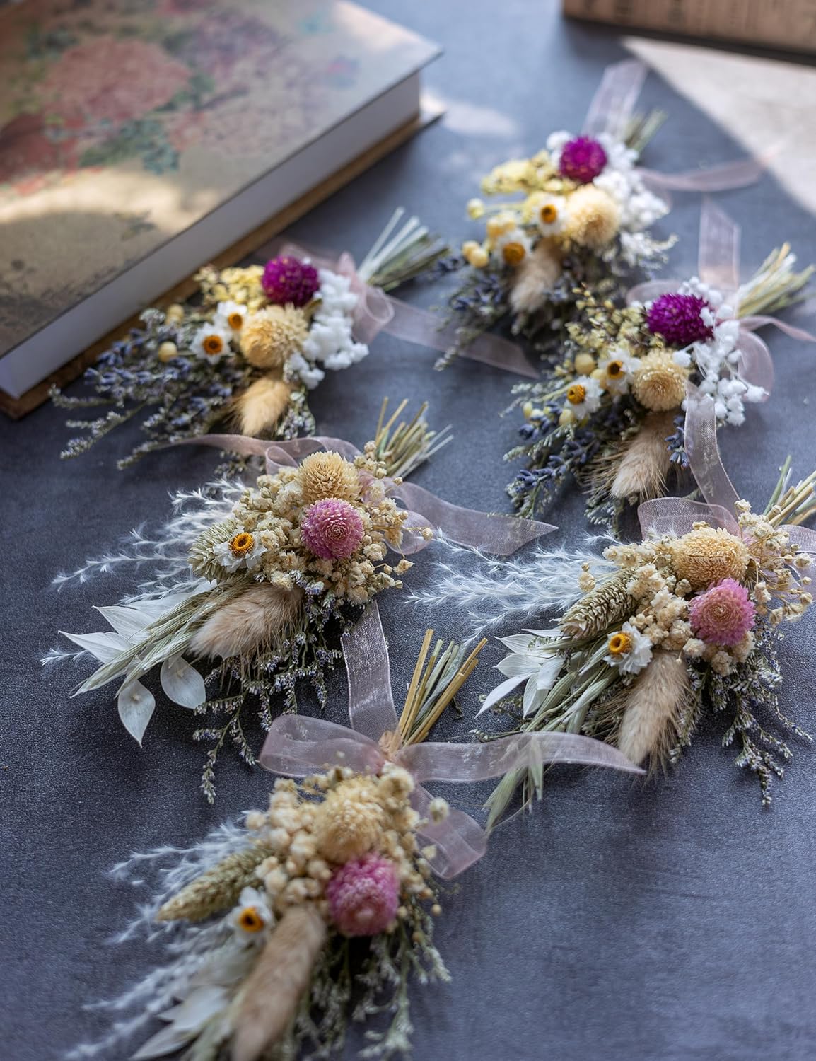 Mini Dried Flower Bouquet Set of 6, Pink Mini Bouquet, Party Plate Decoration, Bridesmaid Flower Girl Proposal Box, Birthday Cake Table Arrangement, Wall Decoration. (Pink)