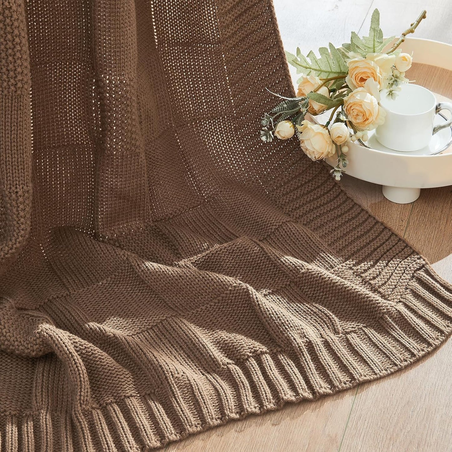 CozeCube Check Knit Throw Blanket, Light Brown Checkered Throw for Couch, Decorative Christmas Soft Cozy Warm Knitted Blanket for Bed Sofa Living Room, 60"X80"