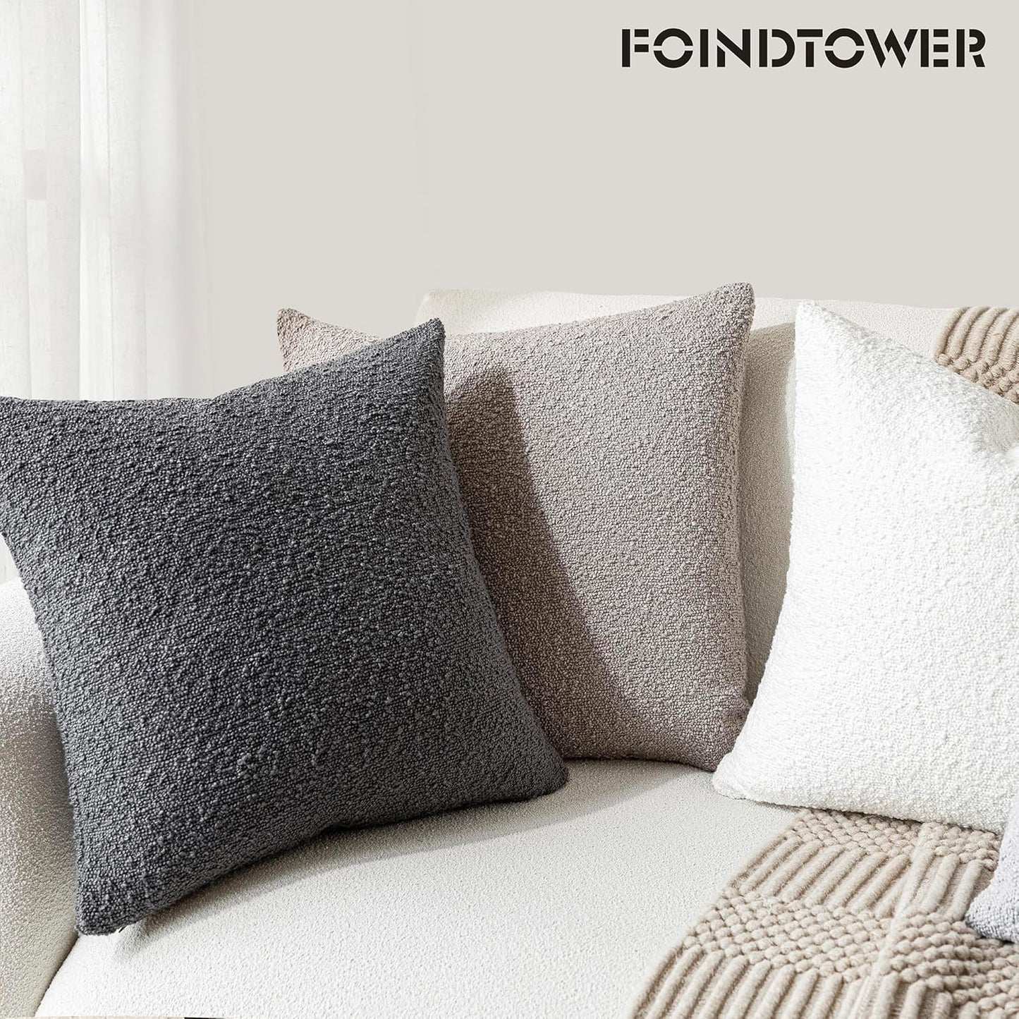 Foindtower Set of 2, Decorative Textured Boucle Throw Pillow Covers Accent Solid Pillow Cases Soft Cozy Couch Cushion Case for Chair Sofa Bedroom Living Room Home Decor 26 x 26 Inch Neutral Grey