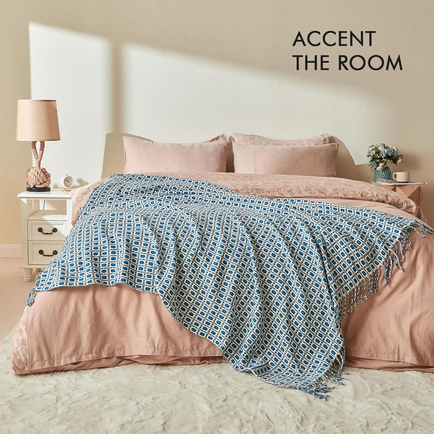 lifein Throw Blanket for Couch - Boho Throw Blanket, Knit Woven Blanket, Soft Decorative Blankets&Throws with Tassels for Bed,Sofa,Chair,Home Decor(50x60in,Blue)