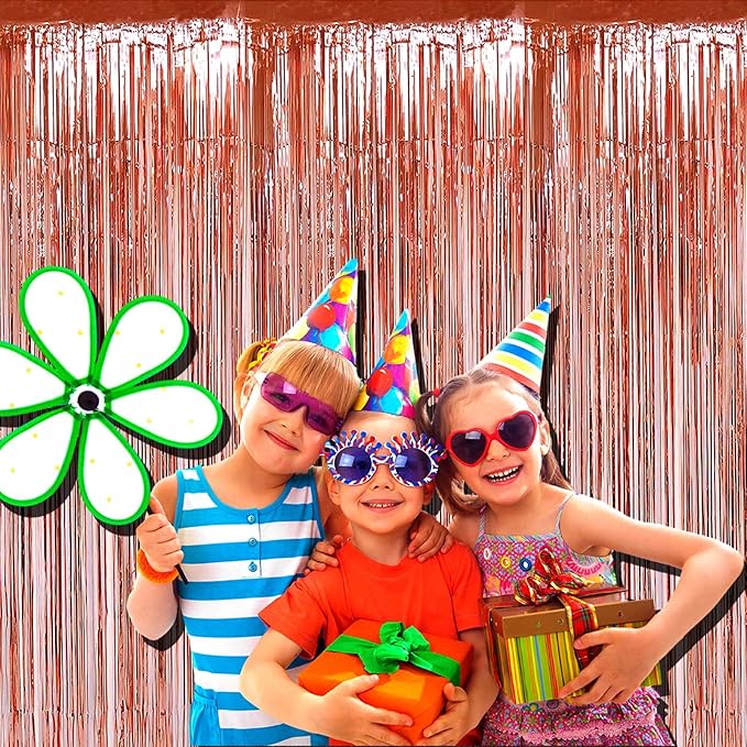 4 Pack Rose Gold Foil Fringe Curtain Backdrop, 3.28Ft x 9.84Ft Metallic Tinsel Foil Fringe Streamers Curtains for Party,