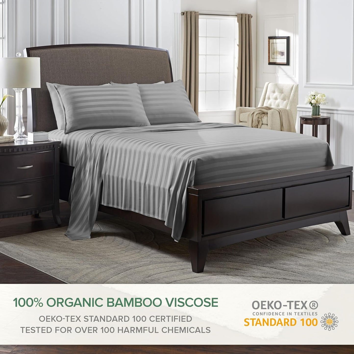 Full Sheets by Pure Bamboo, Genuine 100% Organic Viscose Derived from Bamboo Bed Sheet Set, Luxuriously Soft & Cooling, Double Stitching, Lifetime Quality Promise (Full, Jacquard Stone)