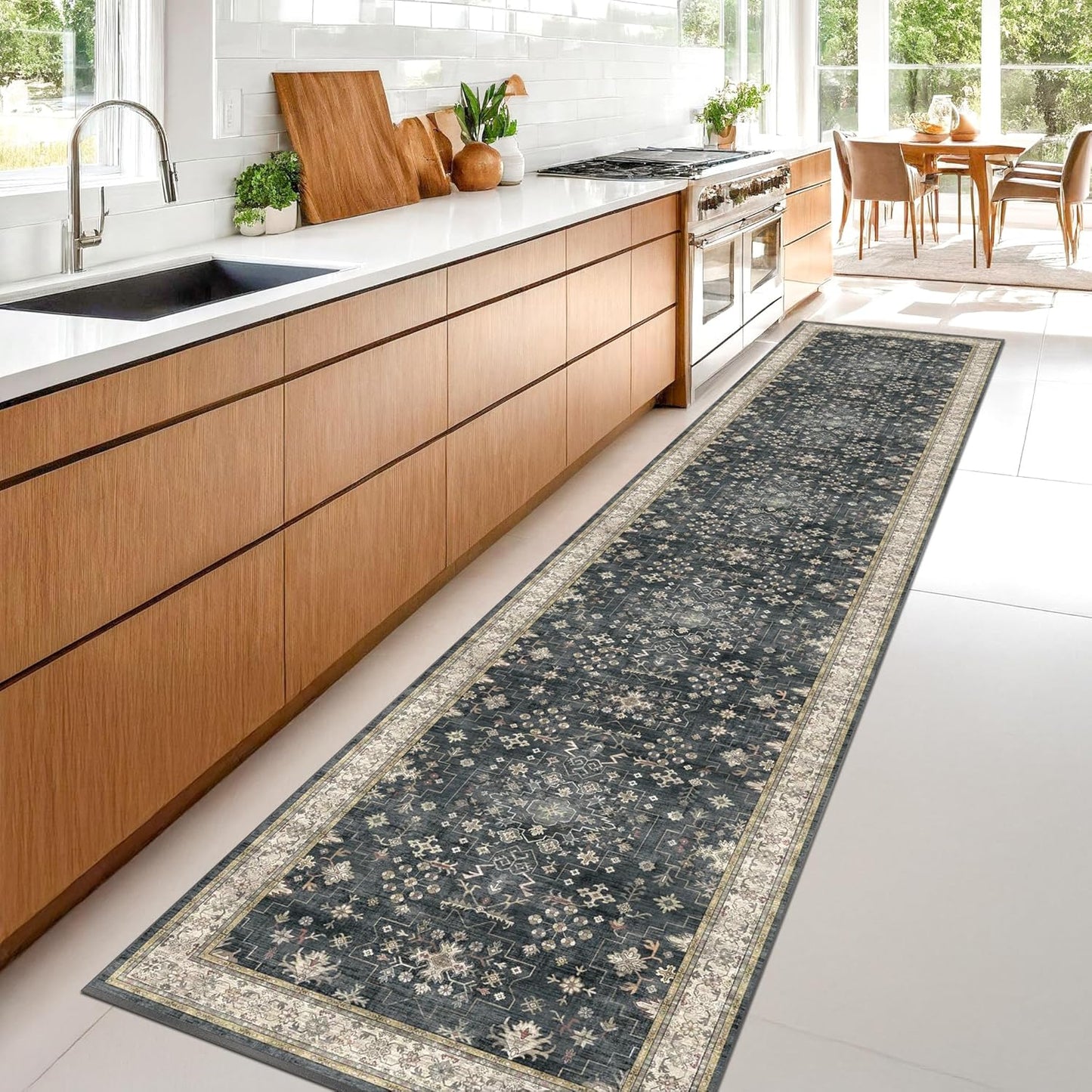 Black Boho Washable 3x12 Extra Long Runner Rug for Hallway, Waterproof Large Kitchen Floor Rug, Non-Slip Stain & Fade Resistant, Vintage Floral Decor