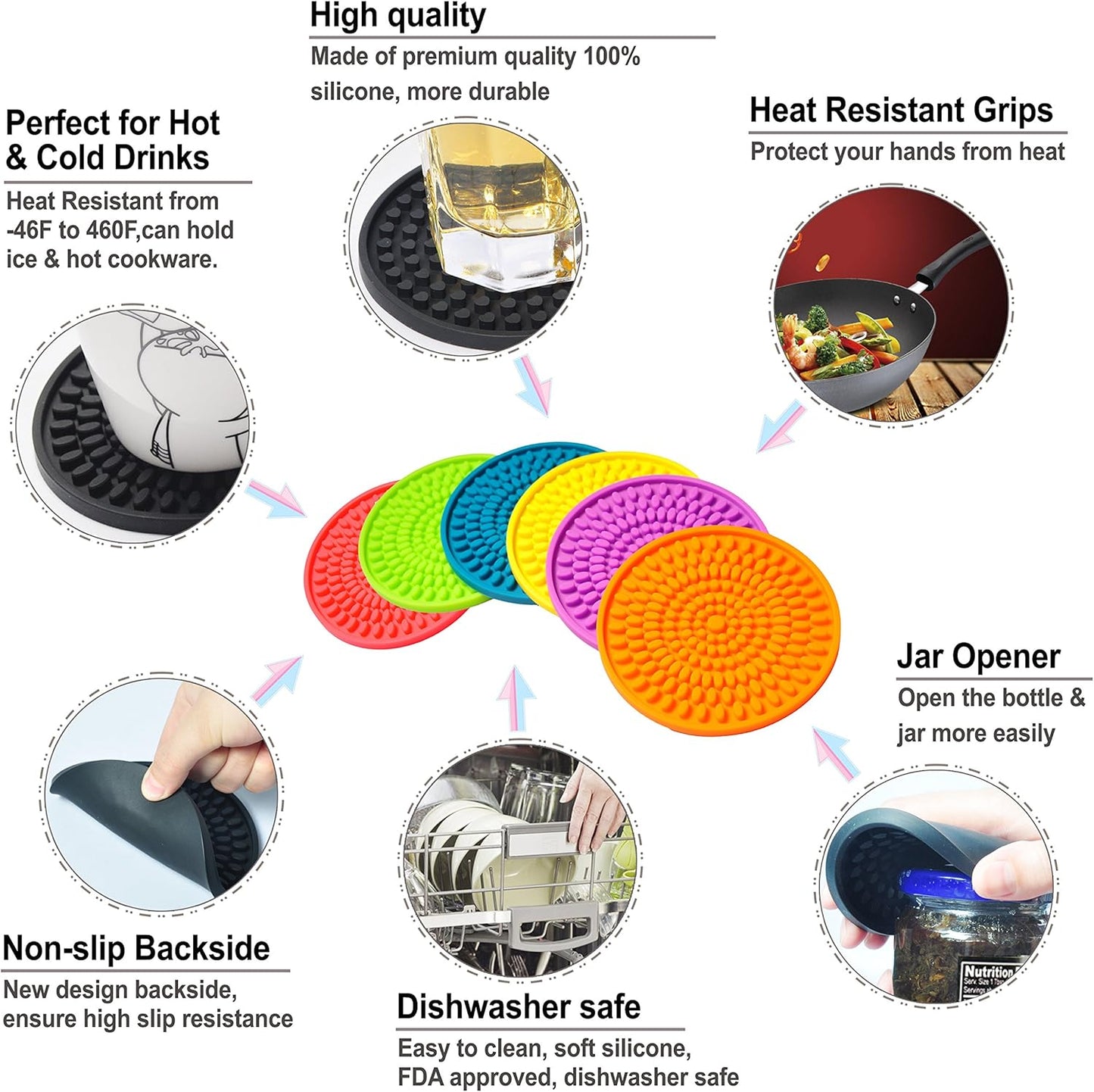 Colorful Coasters for Drinks Absorbent, Rubber Drink Coaster Set, Silicone Rainbow Coasters for Kids Coffee Table Desk, 4.3 Inch Oval Shape Deep Tray Pot Holder Trivet (Set of 6)