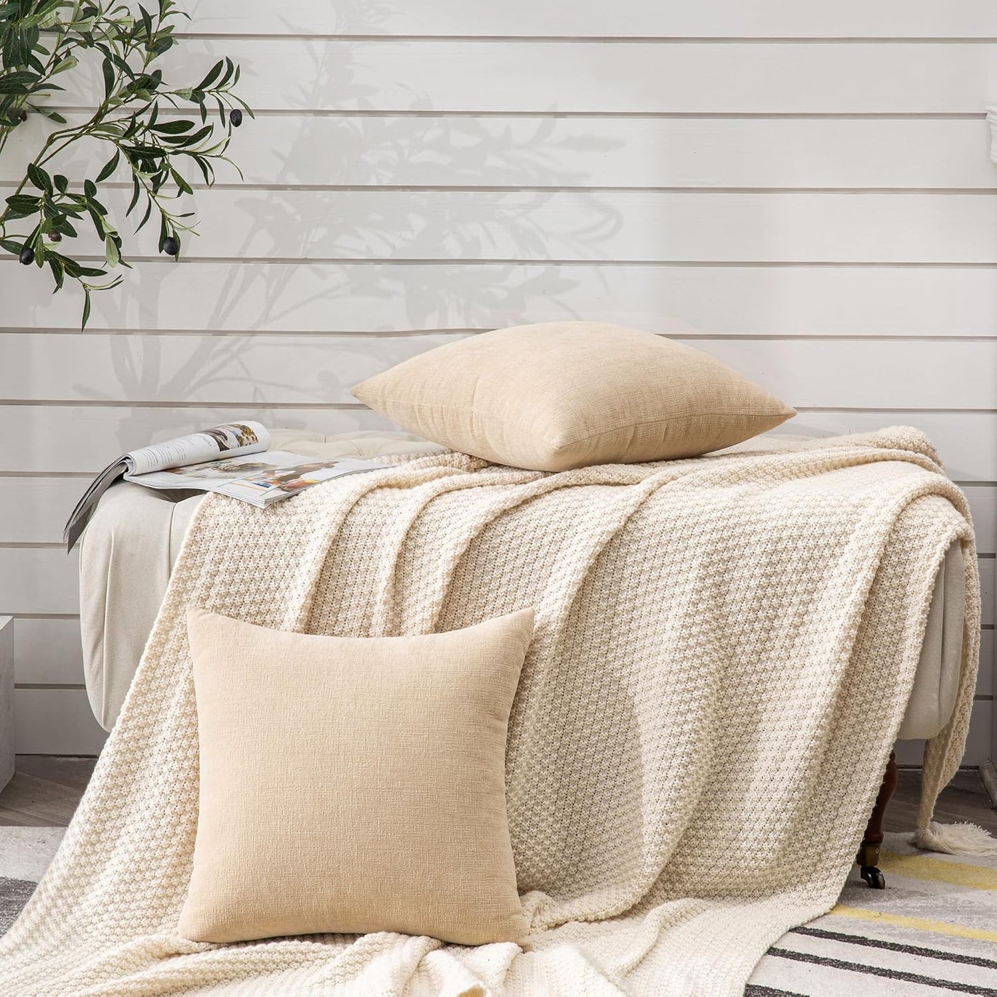 GAWAMAY Decorative Square Throw Pillow Covers 18"x18" Inch Set of 2, Super Soft Chenille Pillows Farmhouse Fall Pillowcase for Living Room Bedroom Sofa Couch Cushion Cover Beige 45x45cm (No Insert)