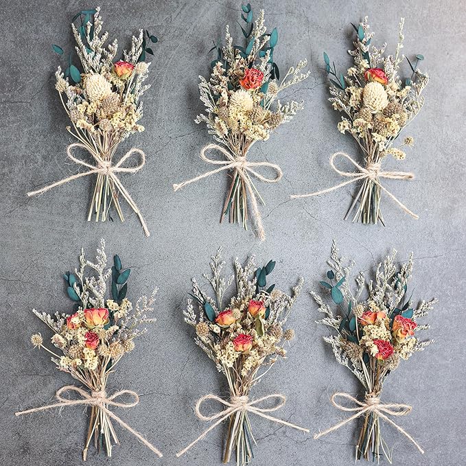 xin's convey Mini Dried Flower Bouquet (Pack of 6), Rose Bouquets, Party Favours, Bohemian Plate Decoration, Birthday Cake Dried Flower Gift Box Companion, Photography Props (Rose)