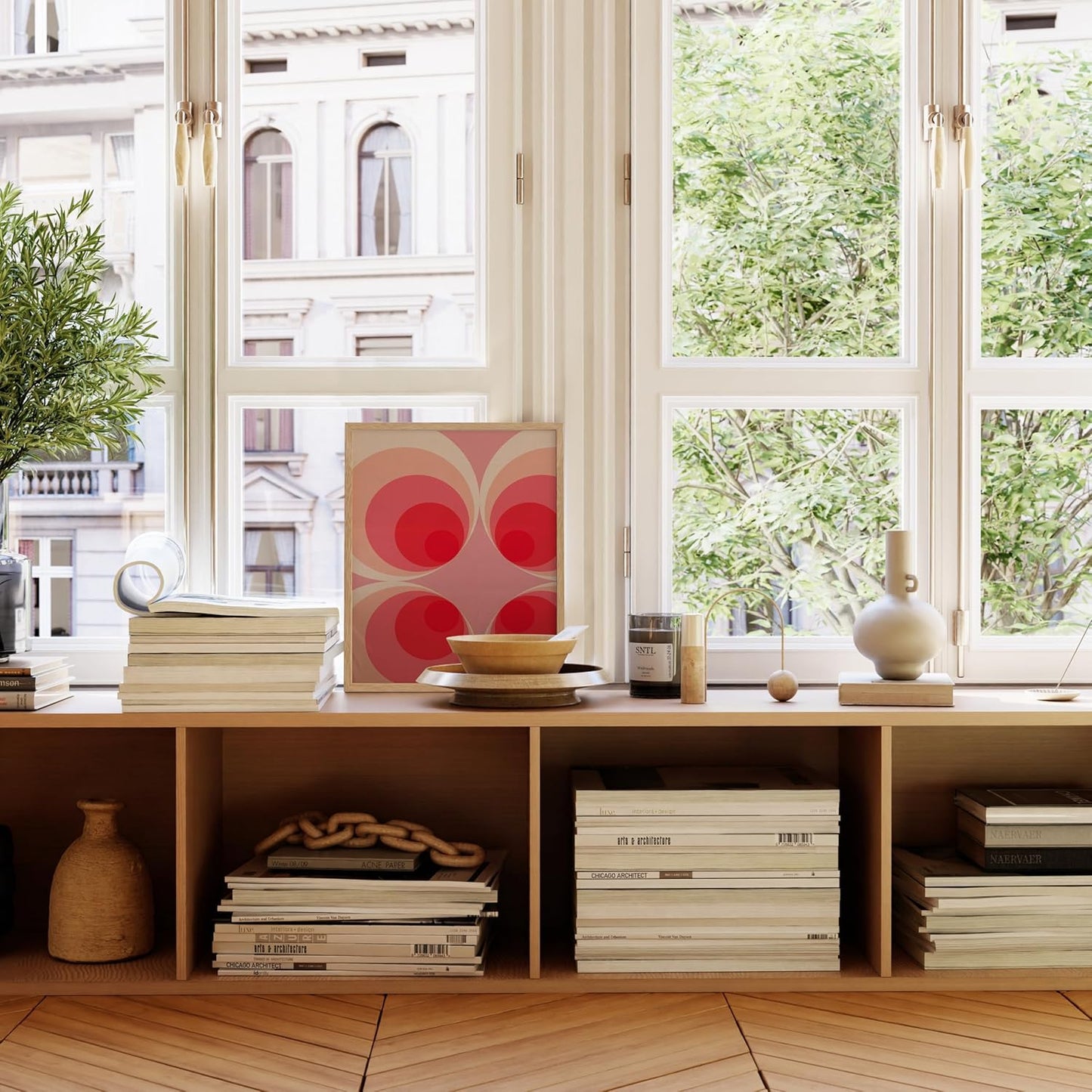 HAUS AND HUES Colorful Abstract Wall Art - Minimalist Retro Picture for Living Room Decor, Red and Pink Modern Wall Art Painting (Pink Mod, Beige Frame, 16x20)