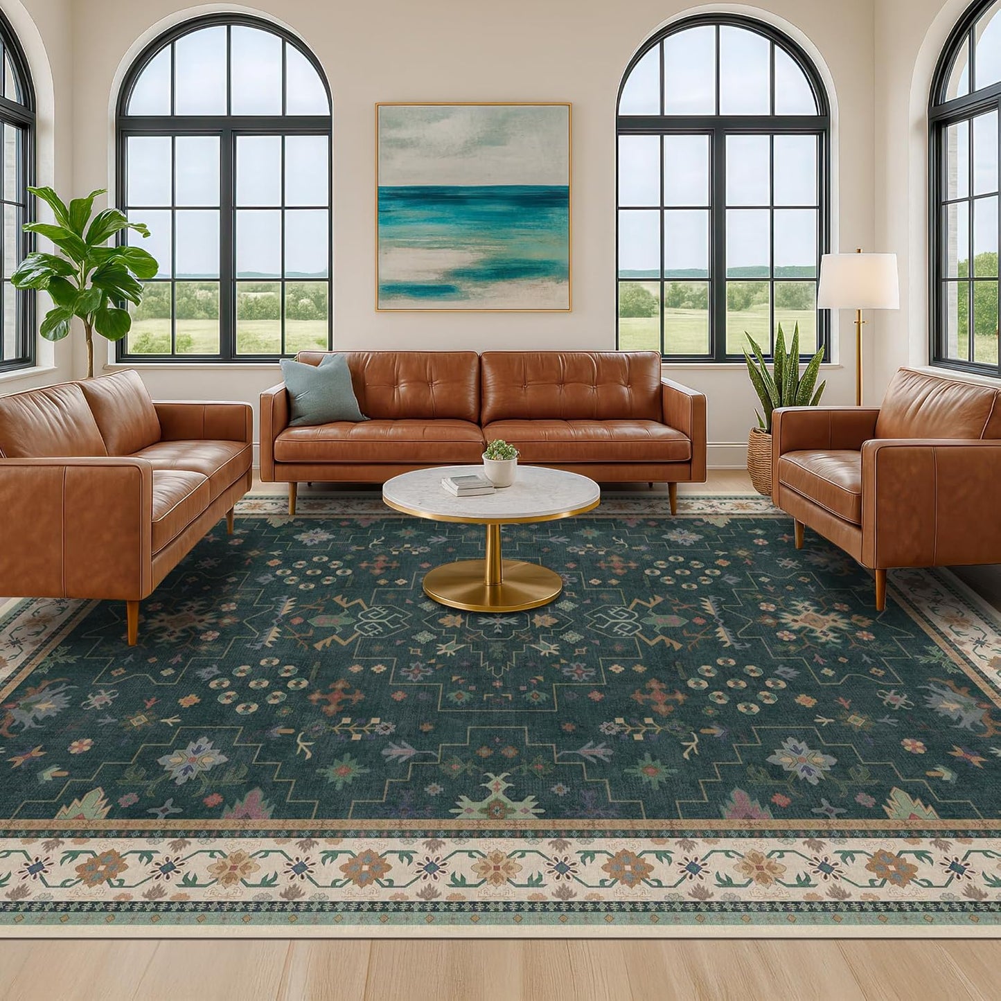 Dark Green Vintage Living Room Rug 9x12 - Boho Unique Floral Victorian Decor, Washable Low Pile Non-Slip Extra Large Area Rugs for Dining Under Table Bedroom