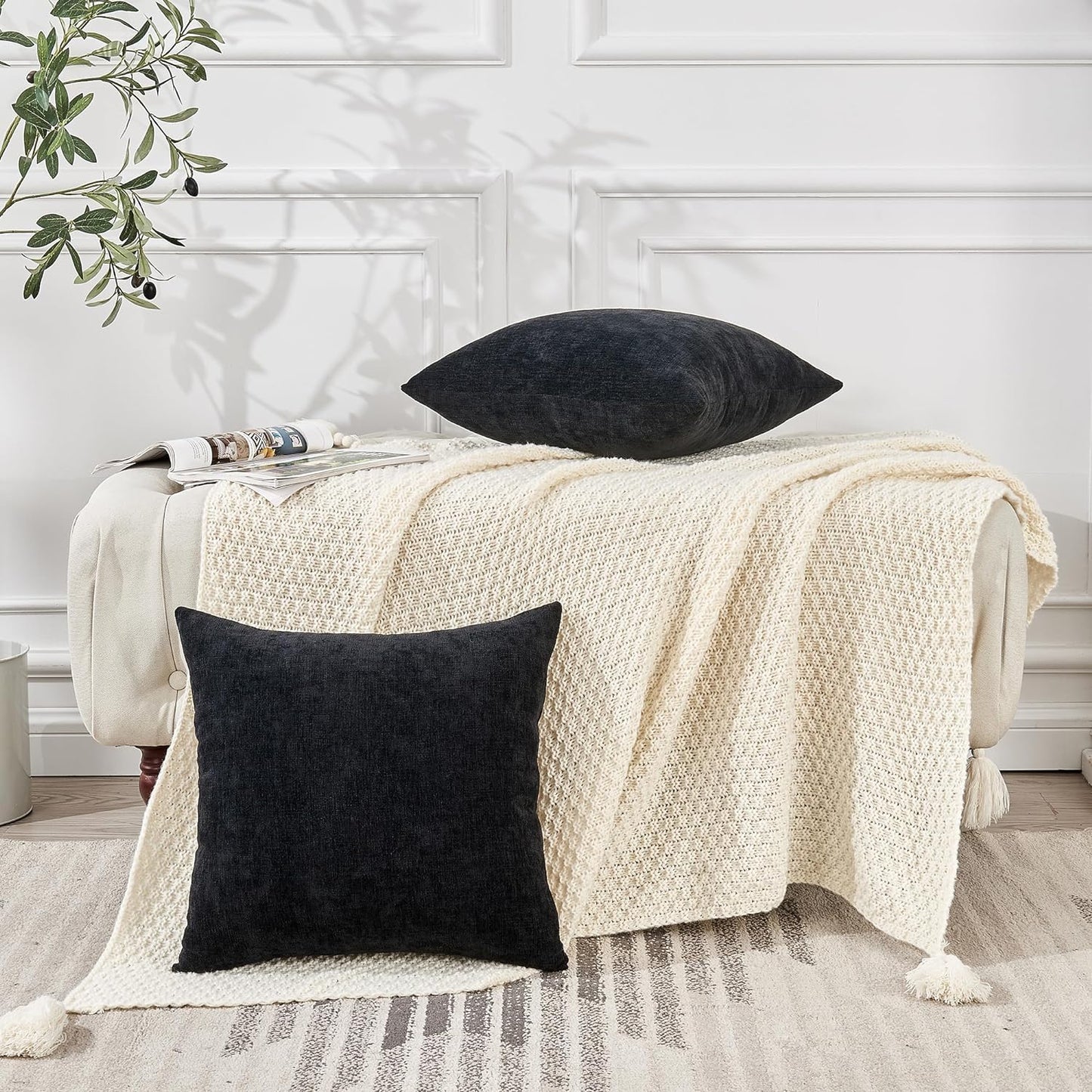 GAWAMAY Decorative Square Throw Pillow Covers 18"x18" Inch Set of 2, Super Soft Chenille Pillows Farmhouse Fall Pillowcase for Living Room Bedroom Sofa Couch Cushion Cover Black 45x45cm (No Insert)