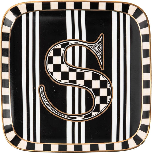 MACKENZIE-CHILDS Monogram Dish, Decorative Ceramic Letter Plate, 5 3/4" Square, S