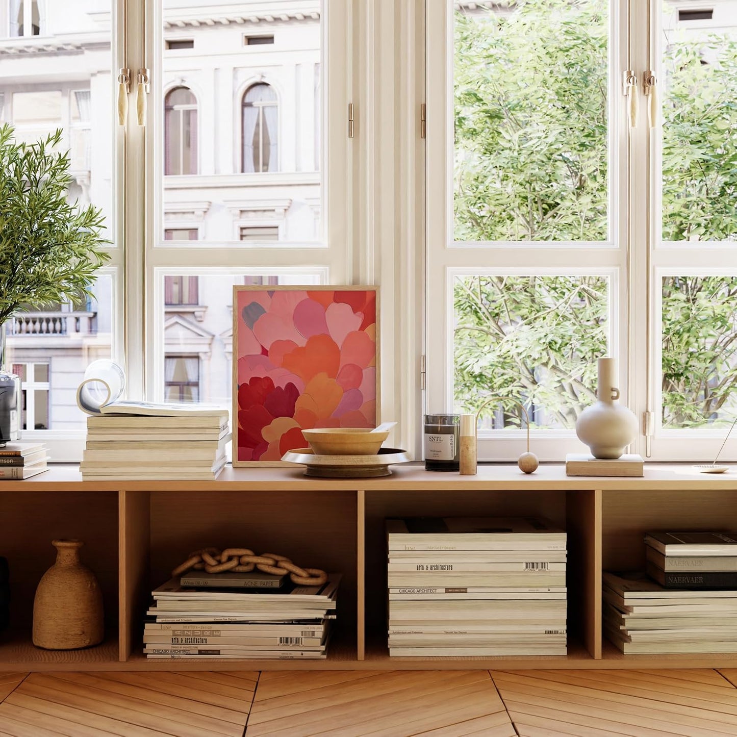 HAUS AND HUES Colorful Abstract Wall Art - Minimalist Retro Picture for Living Room Decor, Red and Pink Modern Wall Art Painting (Petals 1, Beige Frame, 16x20)