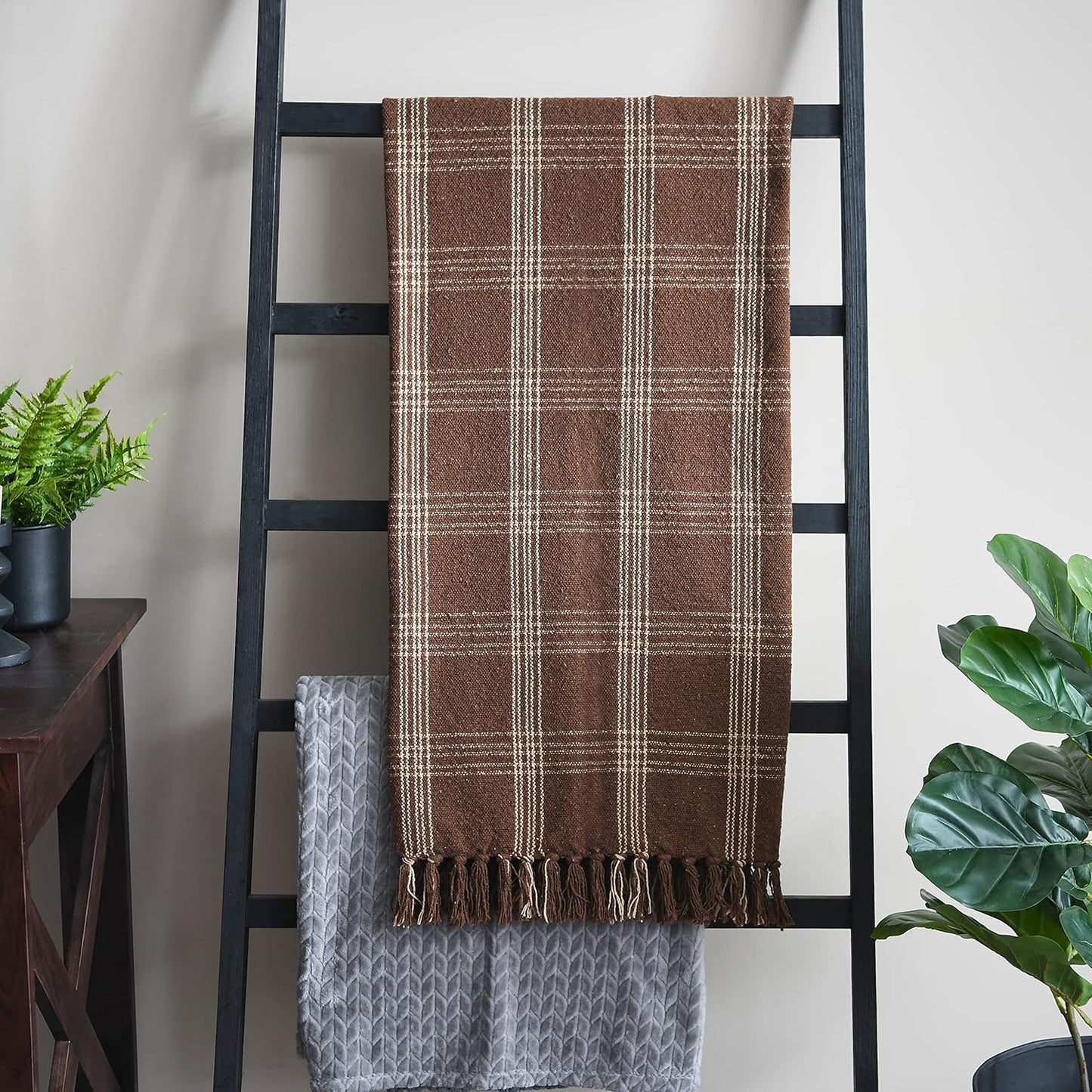 Creative Co-Op Recycled Cotton Blend Throw Blanket with Fringe, Brown Plaid